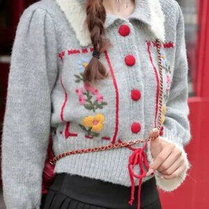 Red Button Pull Tie String Collared Cardigan